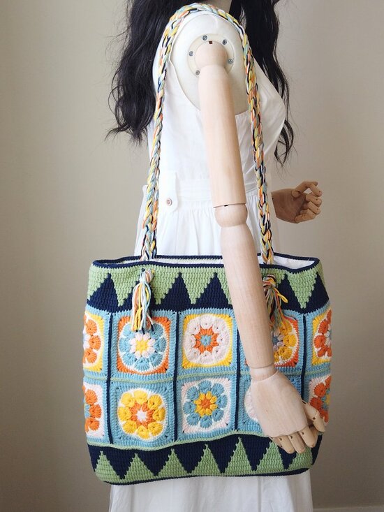Handmade Handbags - Handmade Boho Crochet Tote Bag – 16 Patchwork Flowers